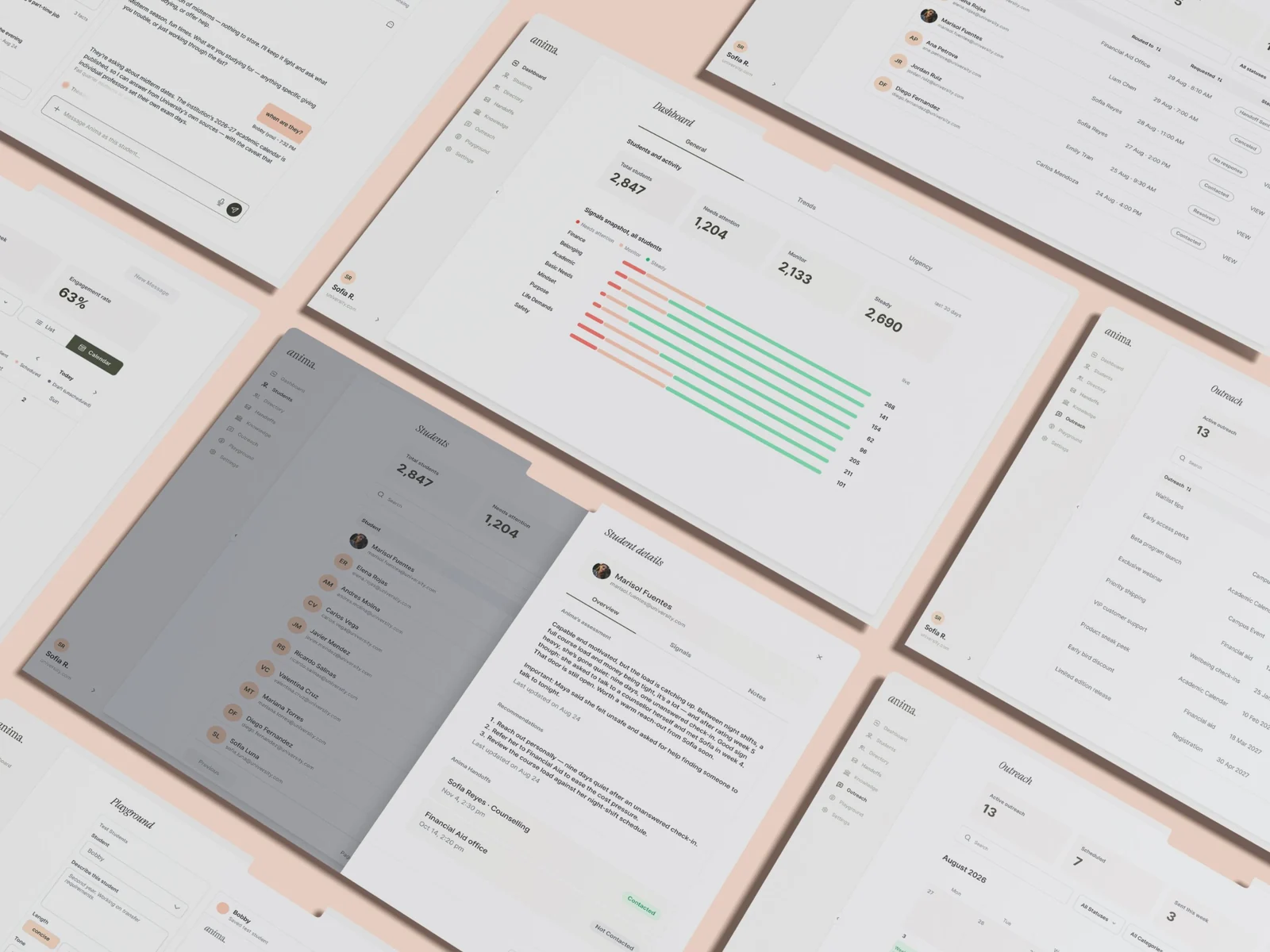 Staff and institution admin screens: dashboard, students, student details and outreach