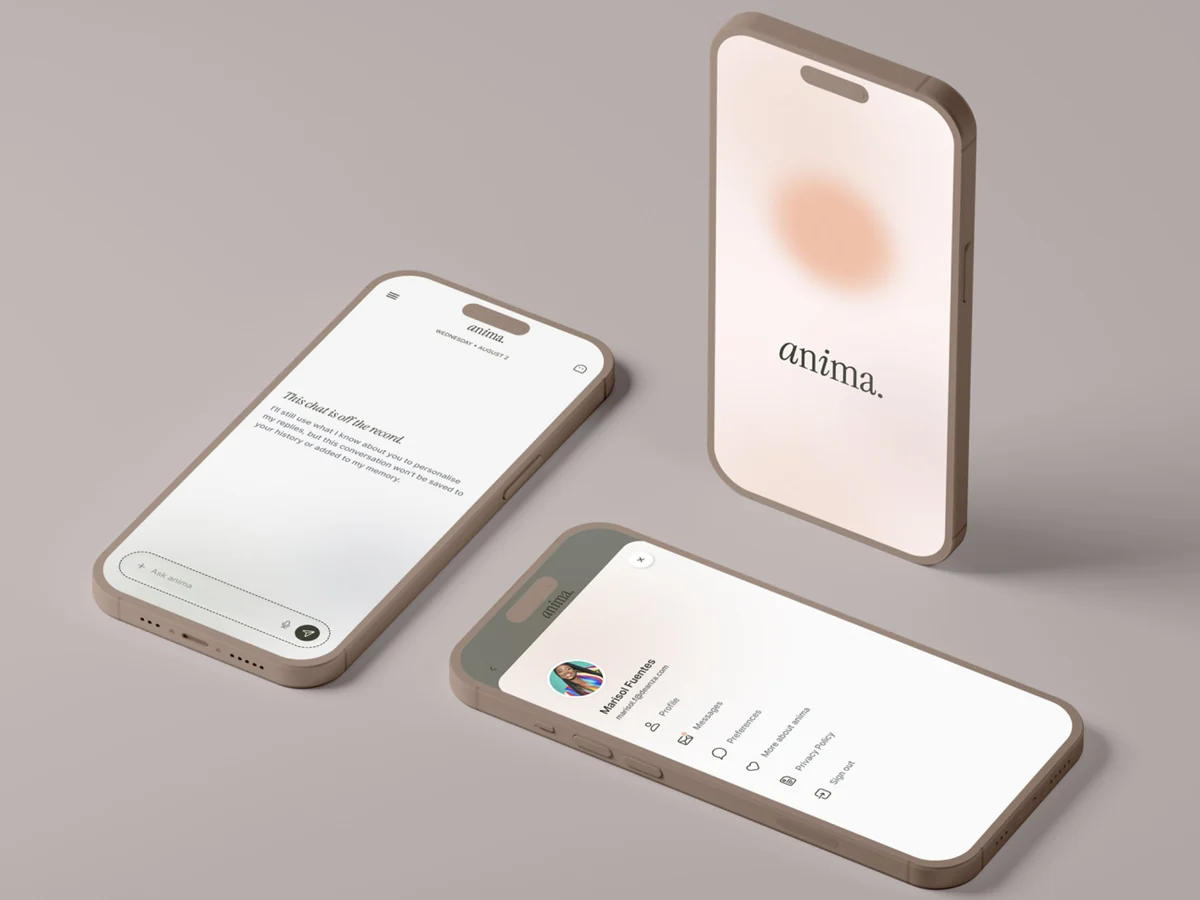 Three phones with off the record chat, splash and profile menu