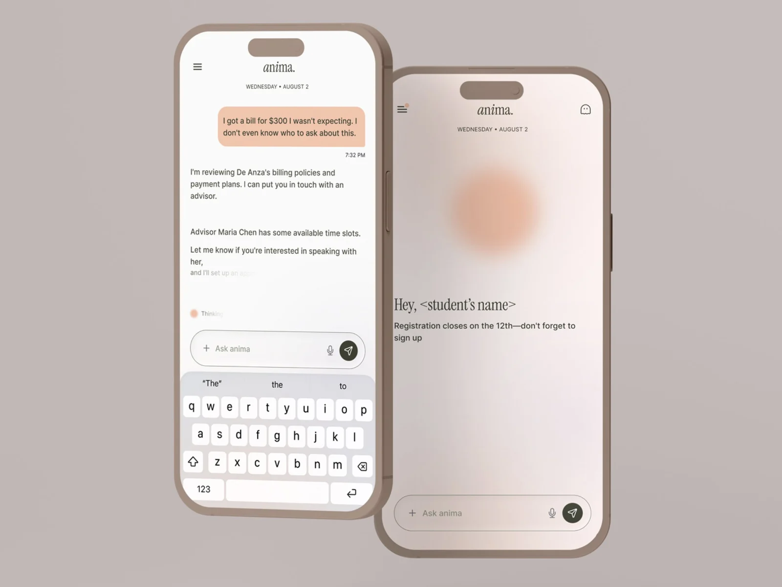 Chat screen and home screen of the student app