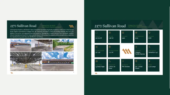 Brochure pages with property data tiles