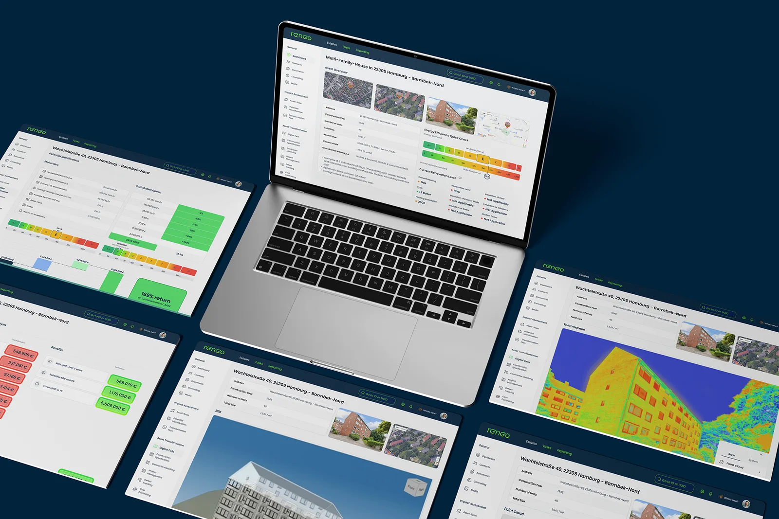 Develop to Green asset overview on a laptop, surrounded by the transformation screens