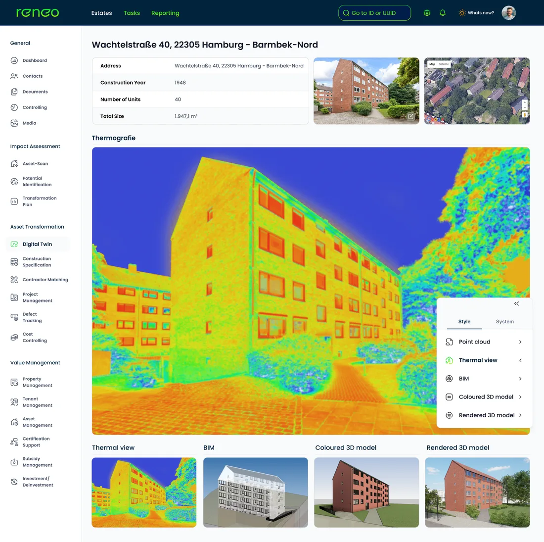 Digital twin screen with thermography, BIM and 3D model views of the building