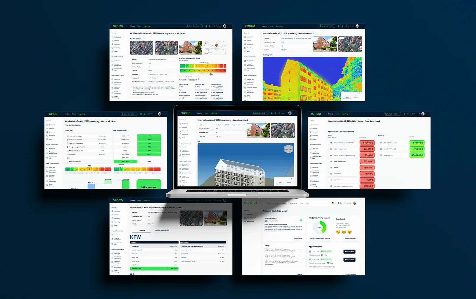 Asset overview, thermography, potential, BIM, cost-benefit, subsidy and tenant screens