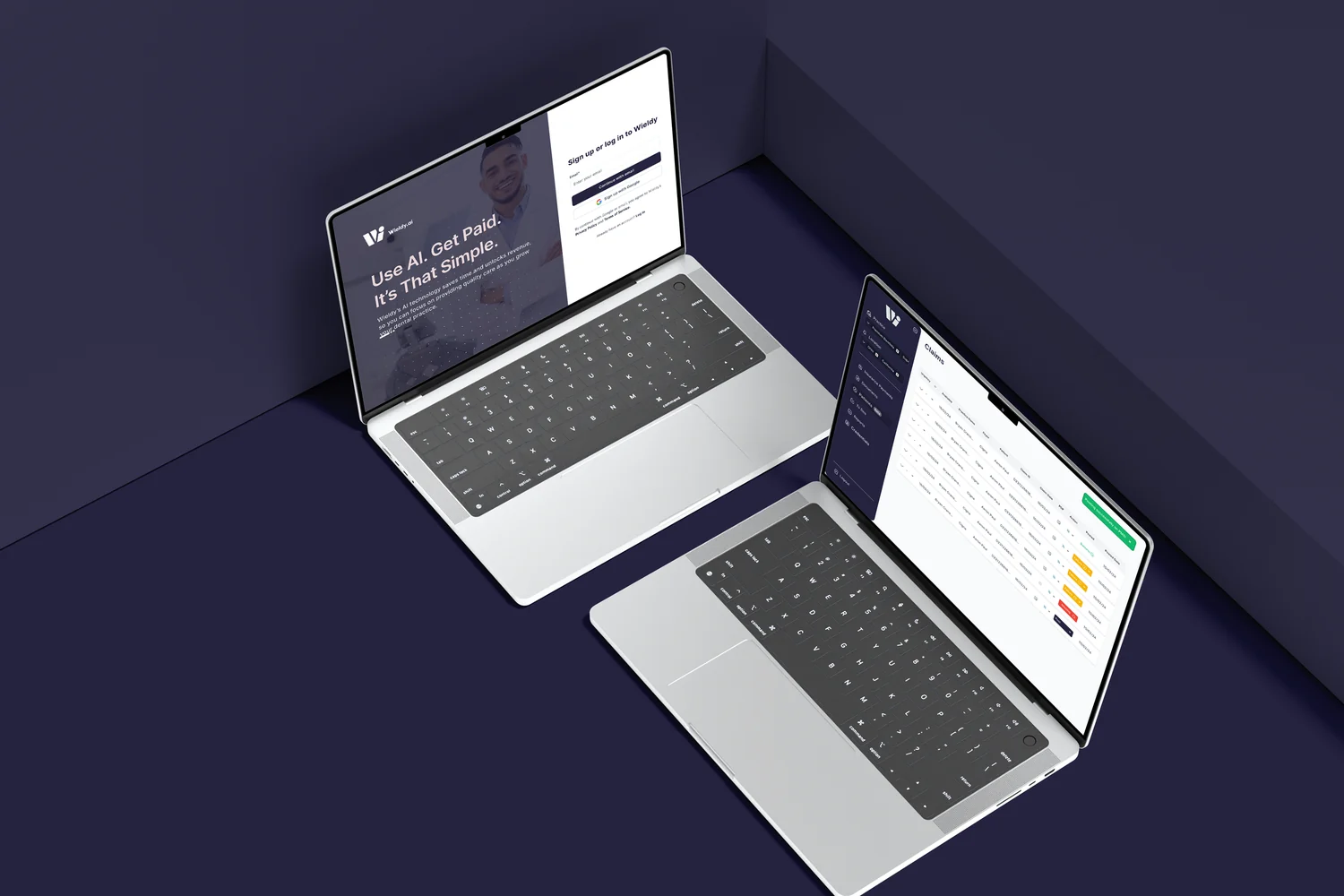Two laptops with Wieldy sign up and claims screens