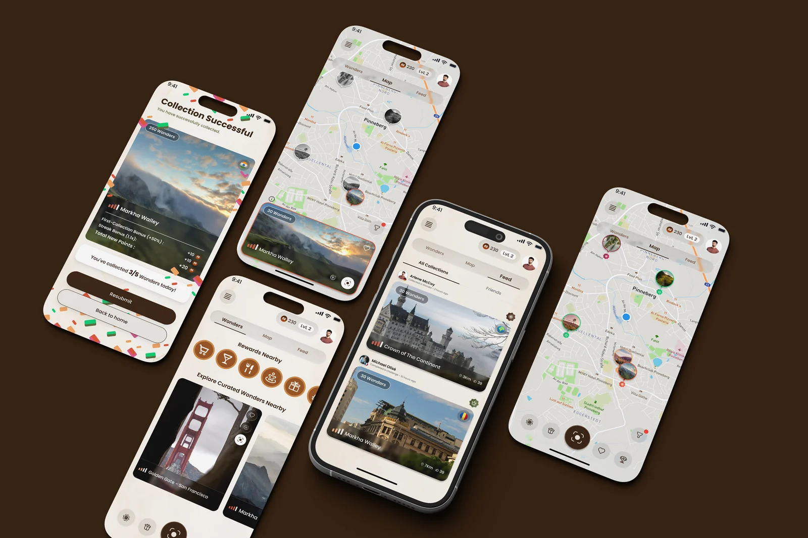 Collection, map and feed screens of the Norlu app