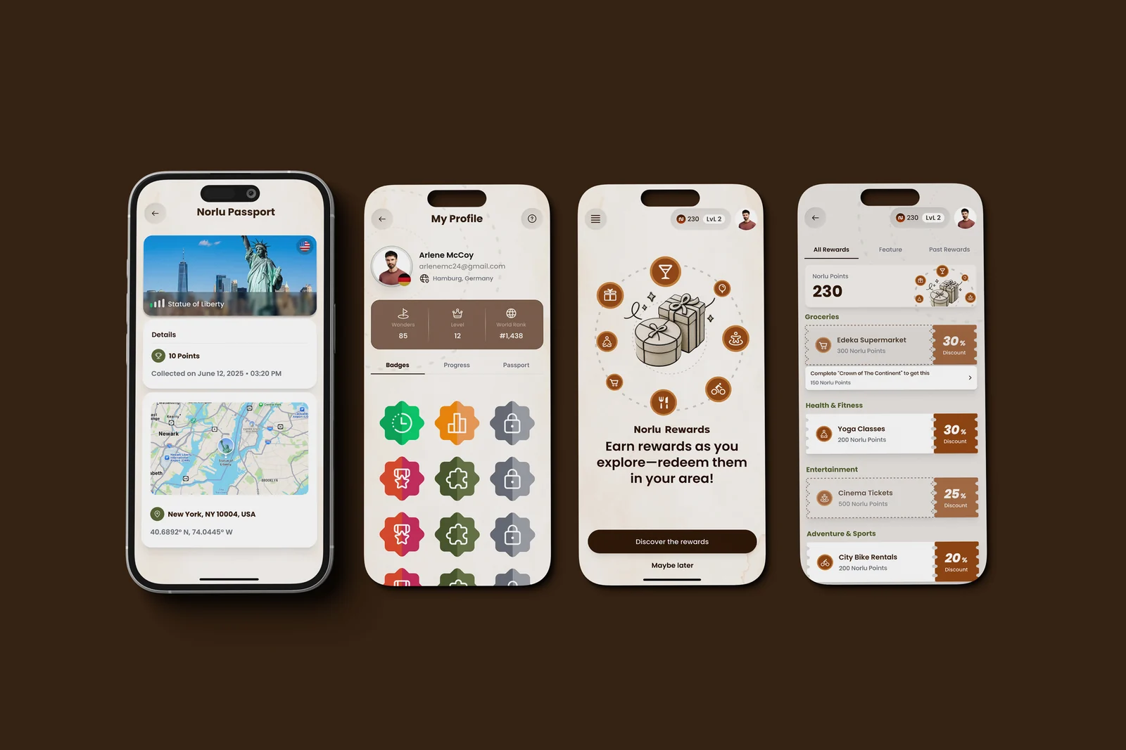 Passport, profile, rewards intro and rewards list screens