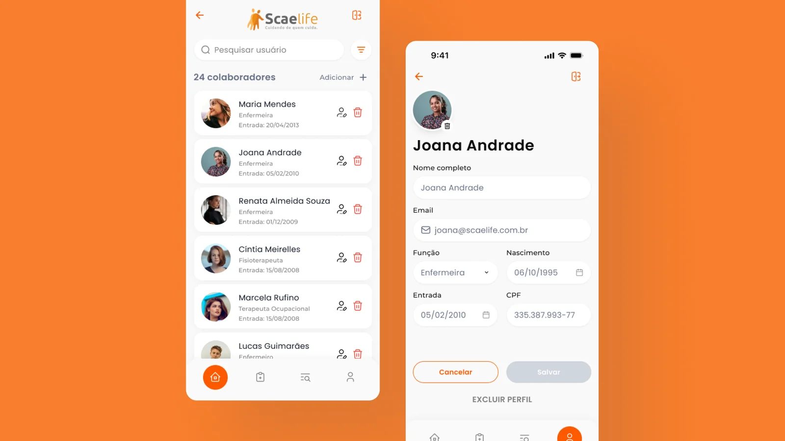 Staff list and staff profile edit screens