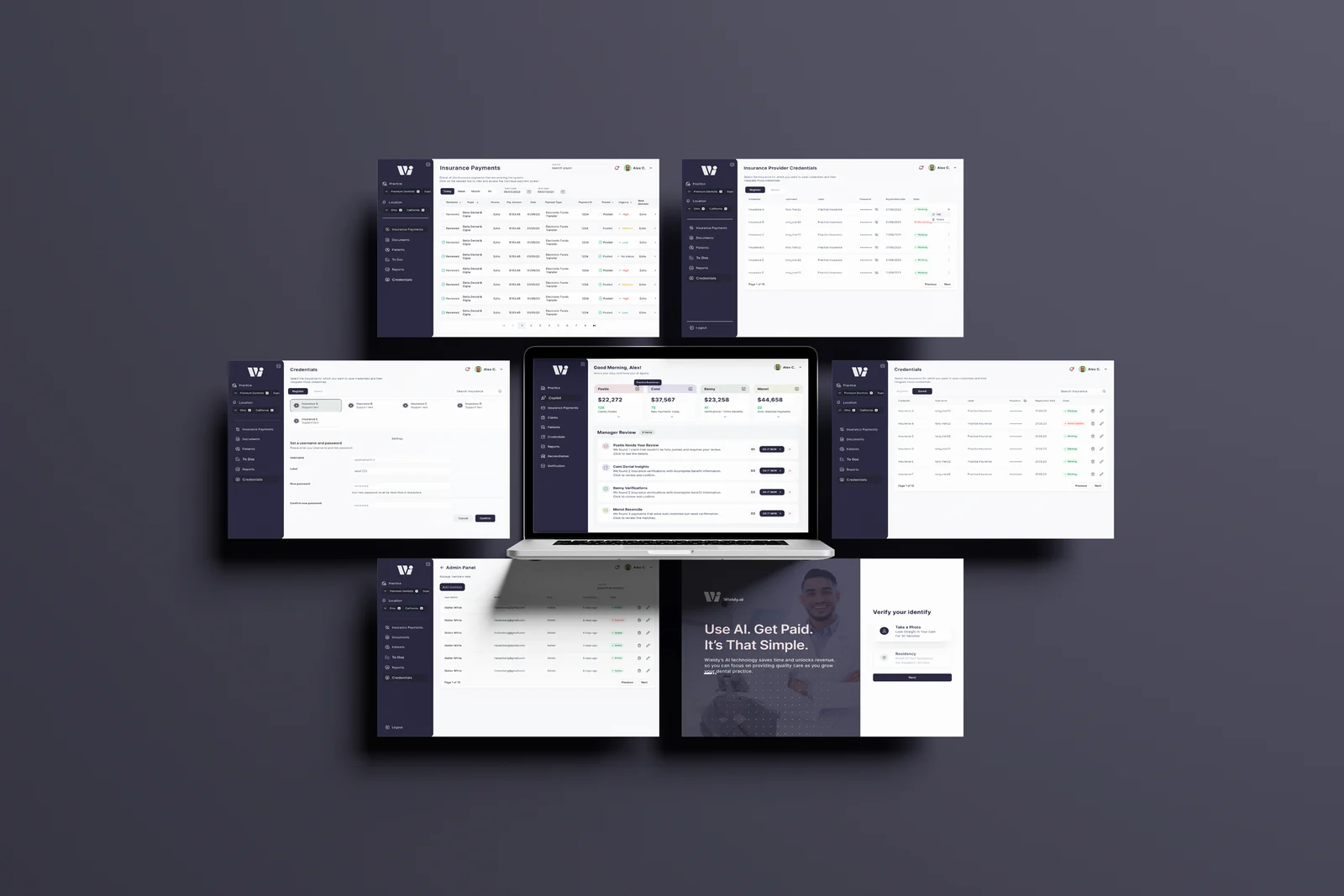 Home dashboard on a laptop surrounded by payments, credentials, admin and identity screens