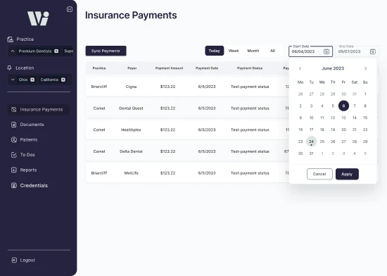 Insurance payments table with a date range picker open